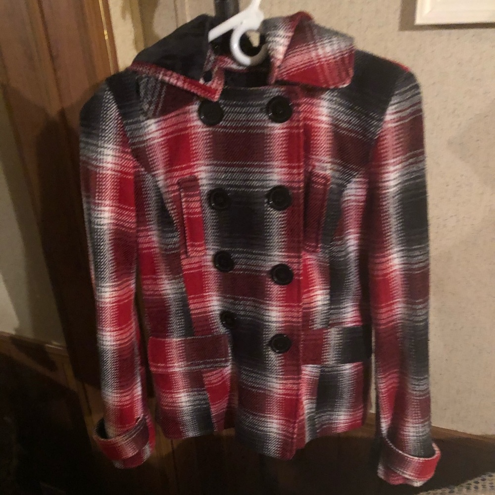 Madrag Red & Black Plaid Tweed Peacoat